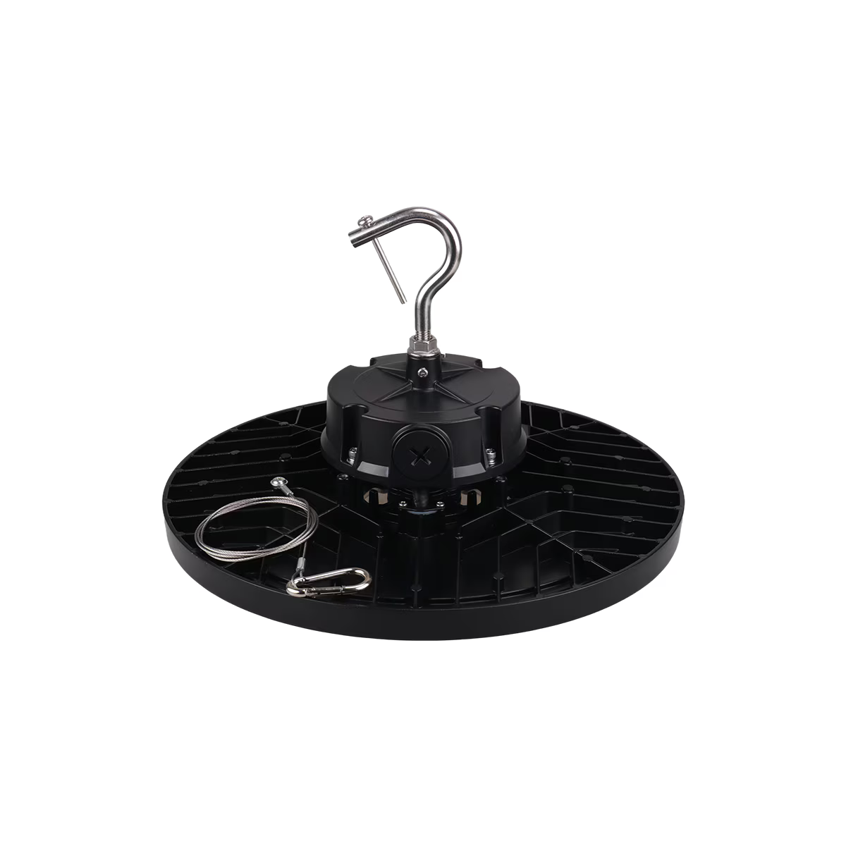 Eiko LED black round high bay fixture with 150/200/240W options, opticSET 60/90, and adjustable CCT for industrial lighting.