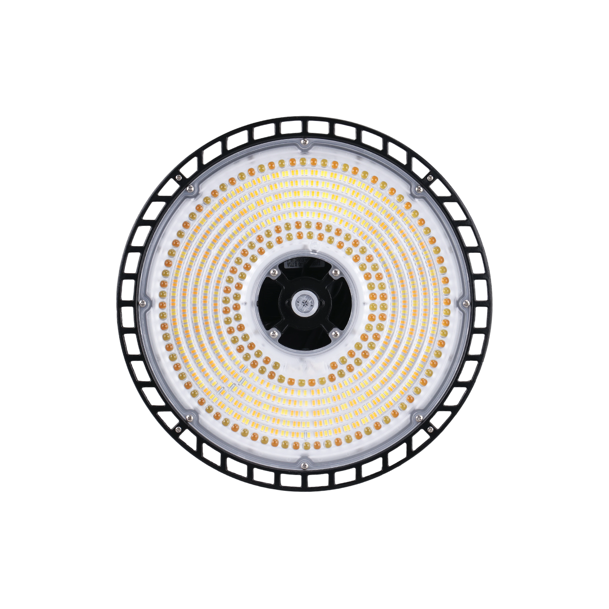 Eiko LED black round high bay fixture with 150/200/240W power options, optic set 60/90, adjustable CCT, suitable for industrial lighting.