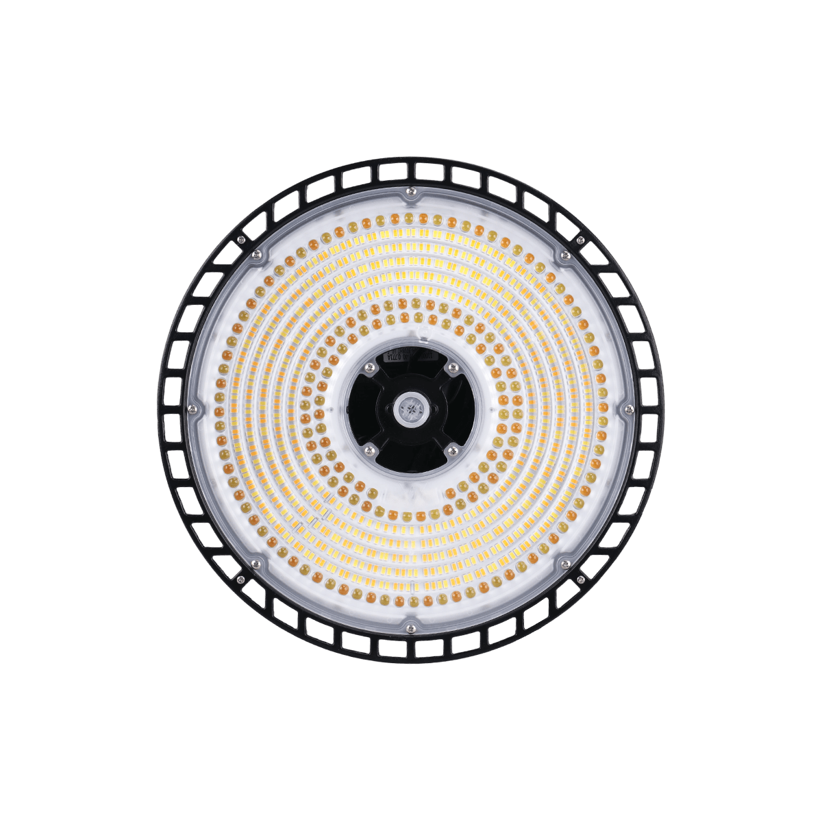 Eiko LED black round high bay fixture with 150/200/240W power options, optic set 60/90, adjustable CCT, suitable for industrial lighting.