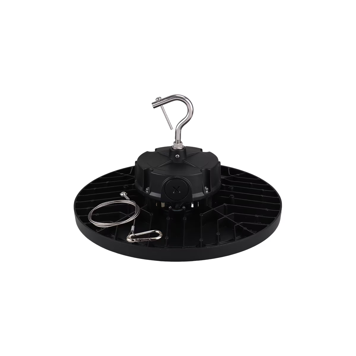 Eiko LED black round high bay fixture with 200/240/300W power, optic options 60/90, adjustable color temperature for industrial lighting