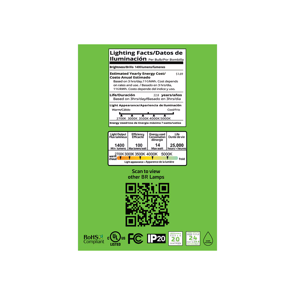 LED BR30 14W LED Lamp, 90CRI, CCT- 2700/3000/3500/4000/5000K, Dimmable