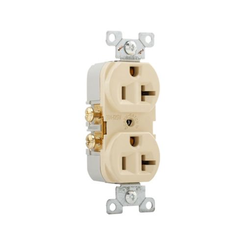 Eaton 20A ivory duplex receptacle wiring device from Cooper, shown in a box of 10 for electrical installations.