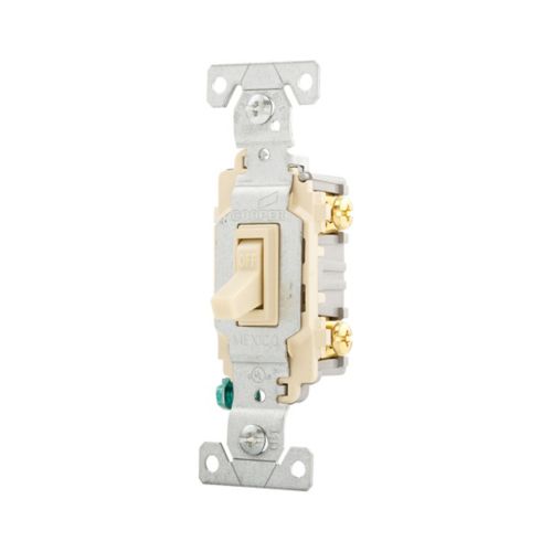 Eaton 15A ivory commercial toggle switch, flush mount wiring device, 120/277V, by Cooper, showing switch and mounting hardware