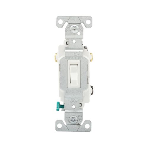 White Eaton three-way 15A commercial toggle switch by Cooper, 120/277V, showing the switch with wiring terminals.