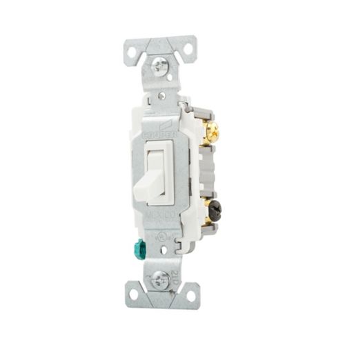 White Eaton three-way 15A commercial toggle switch by Cooper, 120/277V wiring device for lighting control.