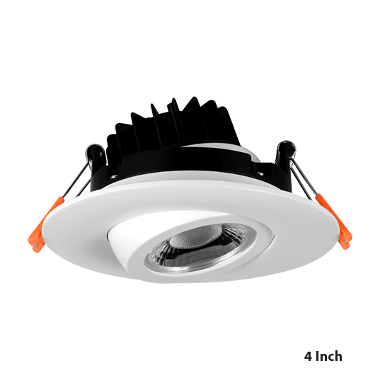 Nicor 4-inch LED gimbal recessed downlight in white with CCT adjustable feature, shown in a close-up view of the tilt mechanism.