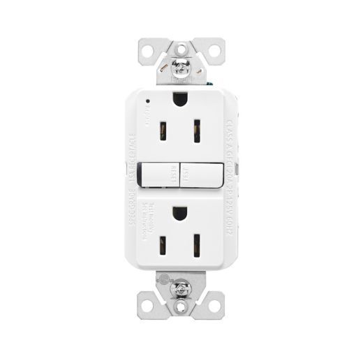 Eaton Cooper 15A 125V white self-test GFCI outlet with slim design for wiring devices and safety testing.
