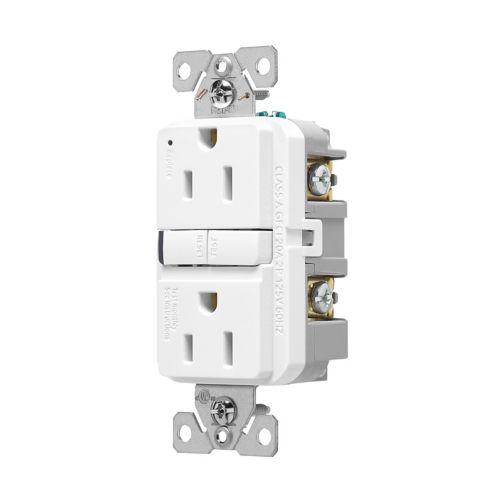 White Eaton Self-Test GFCI outlet with slim design, 15A, 125V, by Cooper, for electrical safety and ground fault protection.