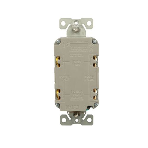 White Eaton Self-Test GFCI outlet for 20A, 125V wiring devices with slim design by Cooper, showing the front view.