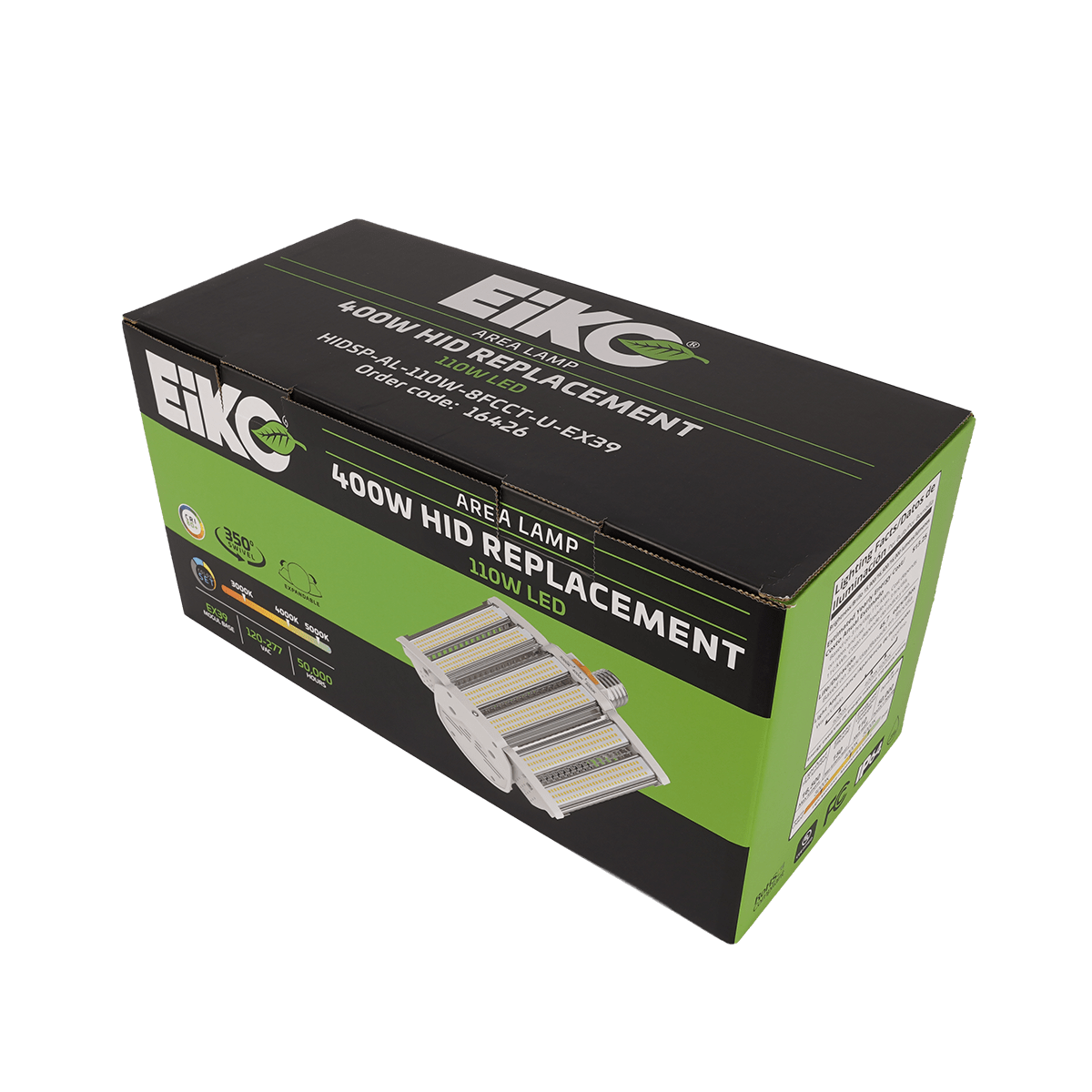 EIKO LED HID replacement area lamp with EX39 base, 3000K, 4000K, or 5000K color options, suitable for 120-277V outdoor lighting.