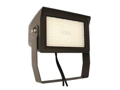 MaxLite LED Flood Light 150W with adjustable beam, wattage and CCT select, yoke mount, and photocell for outdoor lighting.
