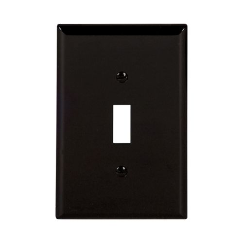 Eaton black single-gang toggle wallplate by Cooper, mid-size, mounted on wall covering electrical wiring device openings, set of 10.