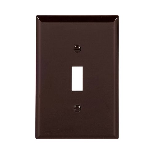 Brown Eaton single-gang toggle switch wallplate by Cooper, showing a close-up of the wiring device for wall installation.