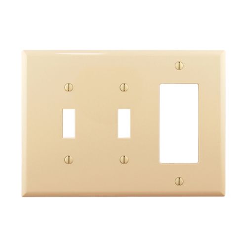 Cooper Eaton ivory three-gang combination wallplate with toggle and Decora cutout for wiring devices installation.