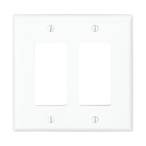 White Eaton 2-gang Decora wallplate by Cooper, made of durable wiring device material, designed for easy mounting and clean appearance.