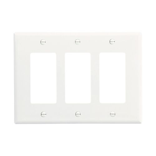 White Eaton 3-Gang Midsize Decorator Wallplate from Cooper for wiring devices, mounted on a wall with visible screw holes.