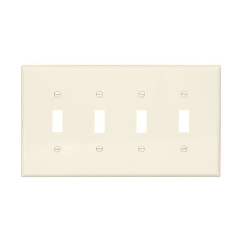 Eaton four-gang toggle wallplate in Lt. Almond finish with cutouts for wiring device installation, designed for residential or commercial use.
