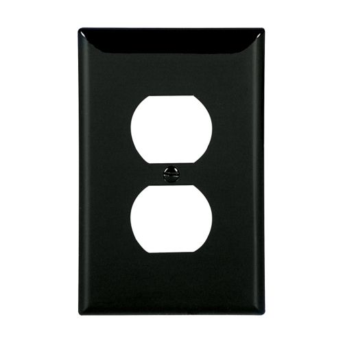 Set of 10 Eaton Cooper black 1-gang duplex receptacle wallplates for wiring devices, sleek black finish, easy to install.