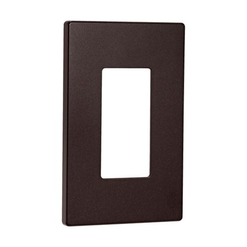 Cooper Eaton oil rubbed bronze single-gang decora wallplate for wiring devices, without screws, mounted on wall.