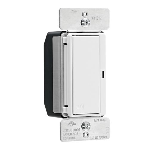 White Eaton Z-Wave Plus Decorator Switch by Cooper, 15A, 120V, suitable for single-pole or three-way wiring installations.