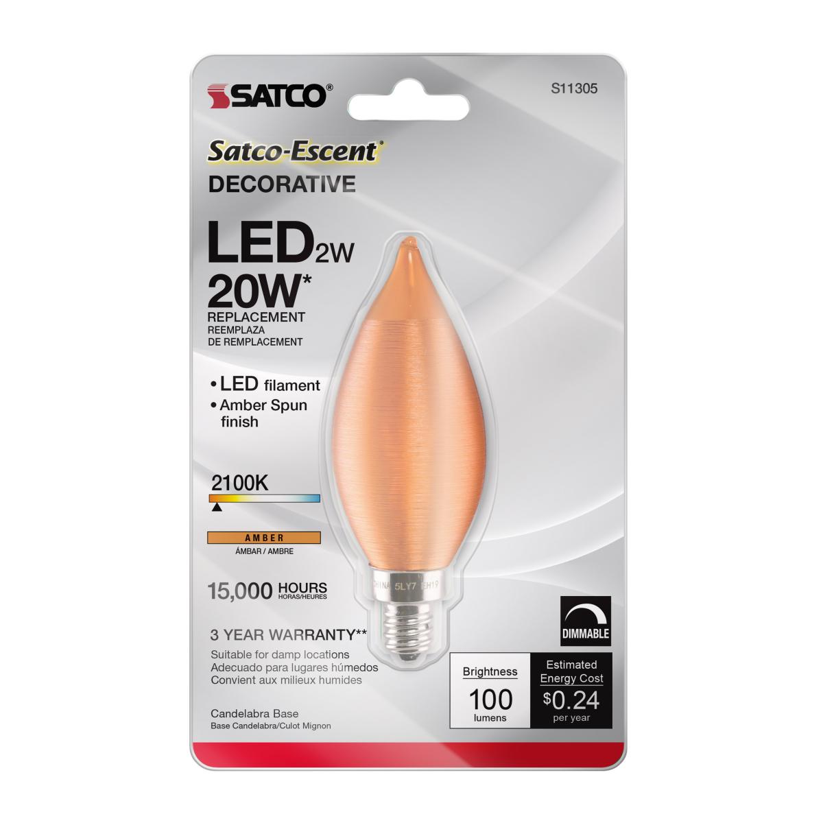 Satin Spun Amber LED 2 Watt CA11 with Candelabra Base- 2100K