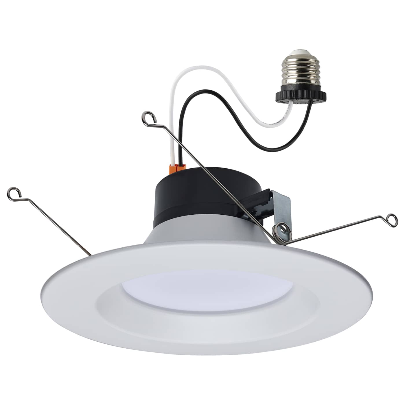Round 5-6 inch white finish Satco RGBTW 11W LED retrofit downlight installed in ceiling, energy-efficient recessed lighting kit