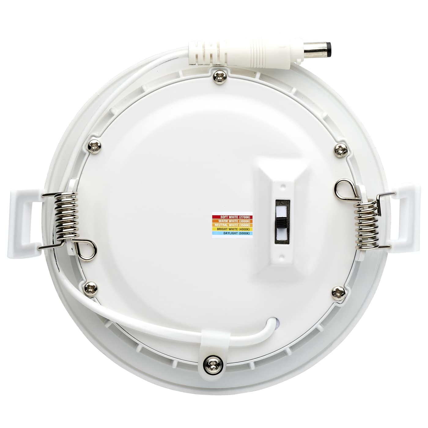 Satco 10W LED canless round downlight, edge-lit, 4-inch, CCT selectable, wafer-style ceiling light installed in a modern interior.