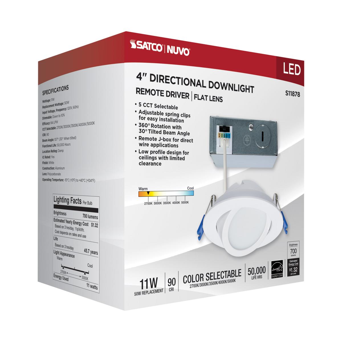 11 Watt; 4"; Directional Low-Profile Downlight; CCT Selectable; 120 Volt; White Finish - Green Lighting Wholesale, INC