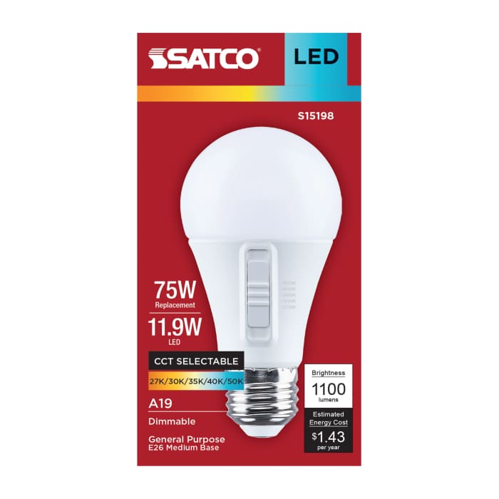 11.9 Watt A19 LED; 27K/30K/35K/40K/50K CCT; 90 CRI; Medium Base; Dimmable; 120 Volt - Satco