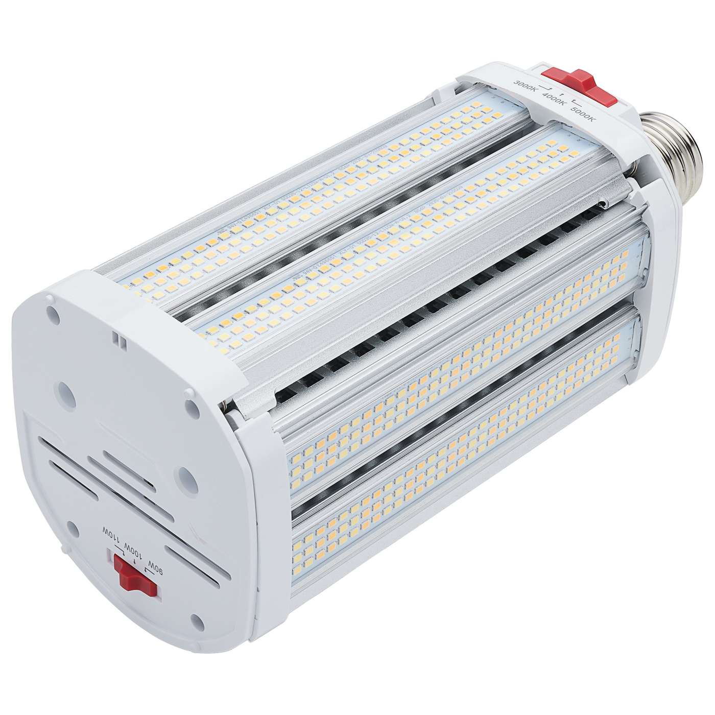 Satco LED shoe box lamp with adjustable wattage (90/100/110W) and color temperature (3K/4K/5K), suitable for outdoor lighting.