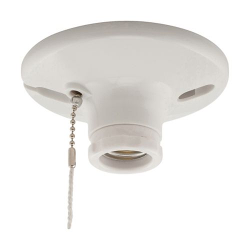 White Eaton 660-Watt plastic pull chain ceiling socket by Cooper, used for ceiling light fixtures with pull chain operation.