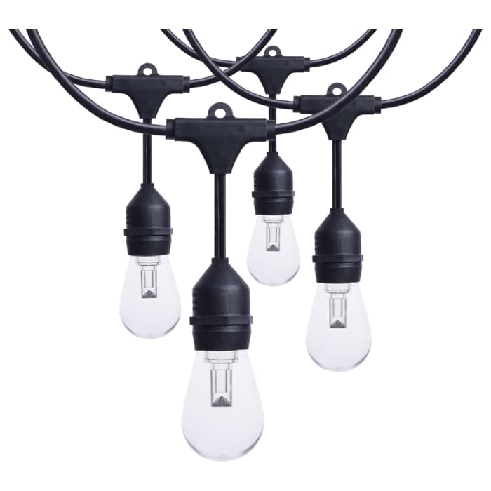 Satco RGB LED 48-foot string light with 15 S14 lamps and infrared remote control, ideal for colorful outdoor or indoor lighting.