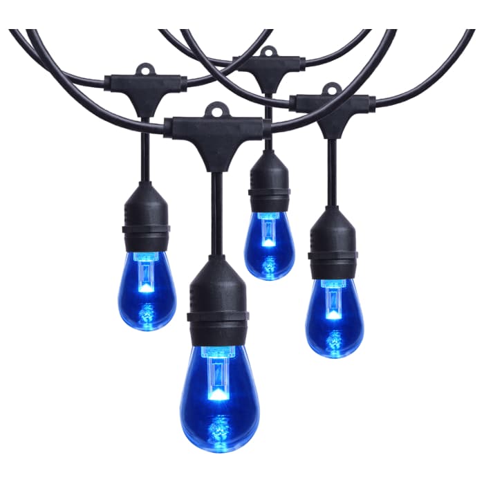 Satco LED RGB 48-foot string light with 15 S14 lamps and infrared remote, ideal for colorful indoor or outdoor lighting.