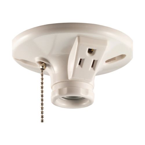 Eaton two-piece plastic lamp holder with pull chain and outlet, 600W, medium base, compatible with Cooper wiring devices