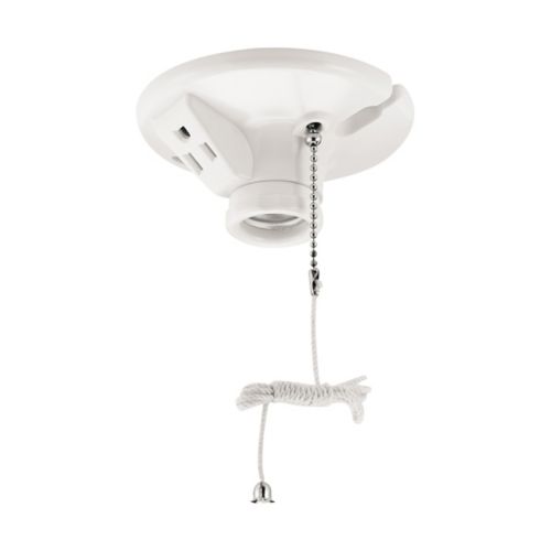 Eaton two-piece plastic lamp holder with pull chain and outlet, rated for 600W, medium base, suitable for wiring applications.