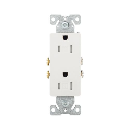 White Eaton tamper-resistant 15A residential duplex receptacle by Cooper with decorator style and wiring device design.