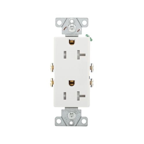 White Eaton Decorator Duplex Tamper-Resistant 20A receptacles, Cooper wiring devices, shown in a box of 10.