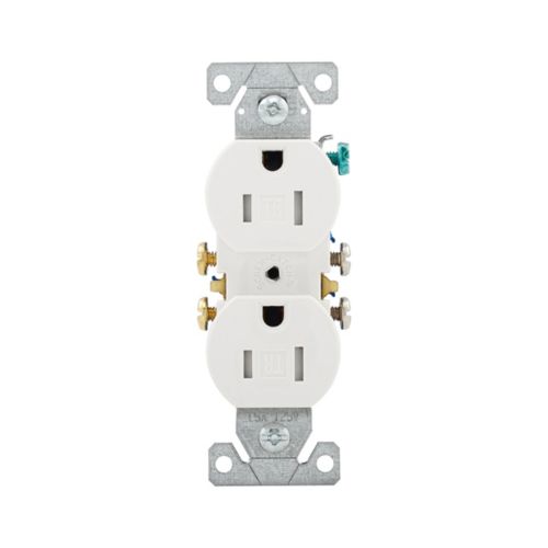 White Eaton tamper-resistant 15A duplex receptacle in 125V, Cooper wiring device with safety features.