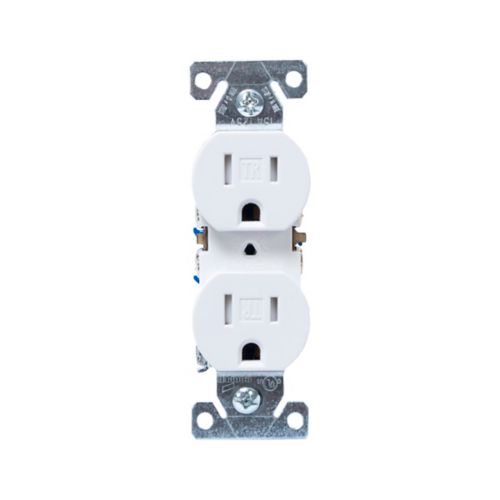 White Eaton tamper-resistant 15A duplex receptacle in 125V, wiring device by Cooper, showing standard electrical outlet design.