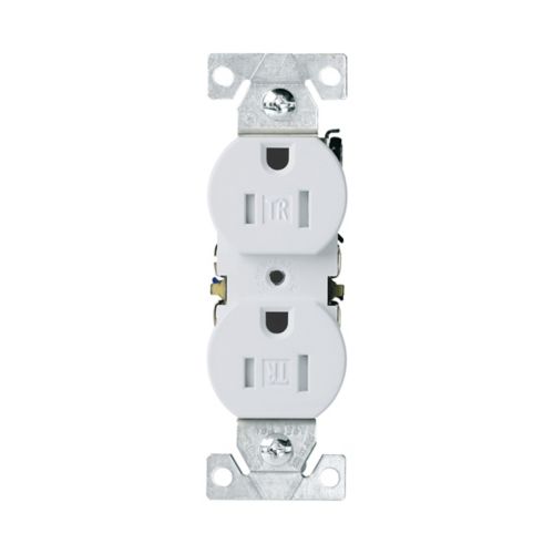 White Eaton tamper-resistant 15A duplex receptacle by Cooper, 125V wiring device with safety features for electrical outlets.