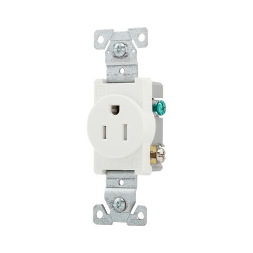 White Eaton tamper-resistant 15A spec grade single receptacle, 125V wiring device by Cooper, designed for safe electrical connections.