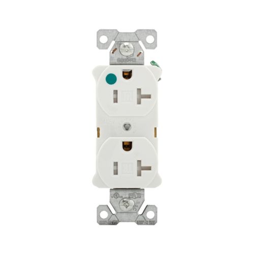 Cooper Eaton hospital-grade white 20A duplex receptacle with tamper-resistant safety features, suitable for medical and residential wiring.