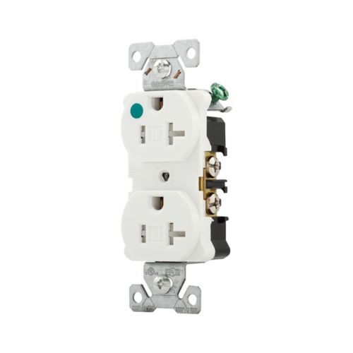 White Eaton hospital grade tamper resistant 20A duplex receptacle in wiring devices category by Cooper, 125V electrical outlet.