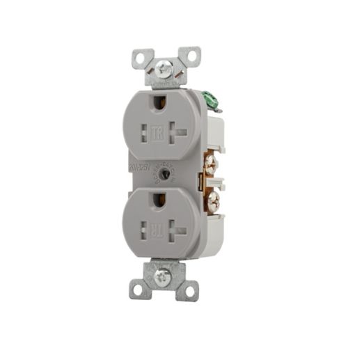 Gray Eaton Spec Grade tamper resistant 20A duplex receptacle by Cooper, designed for 125V wiring devices.