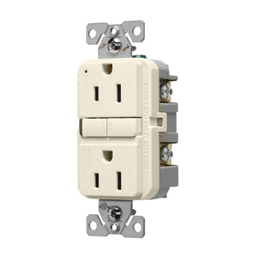 Cooper Eaton tamper-resistant GFCI outlet in light almond color, 15A, 125V, slim design, shown in a close-up view.