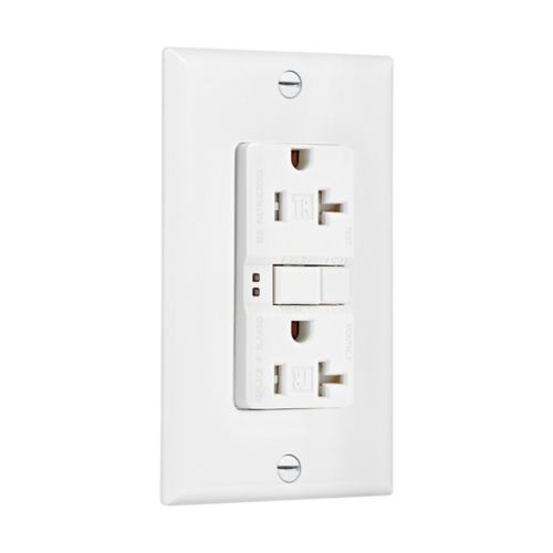 Eaton Cooper white tamper-resistant 20 amp GFCI receptacle with self-test feature, 125V, for #14-10 AWG wiring devices.