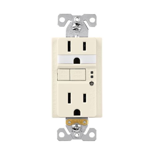 Eaton Cooper TR GFCI 15 Amp duplex receptacle with built-in nightlight in light almond color, wiring device for safety and convenience.