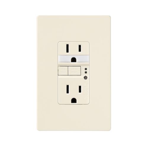 Cooper Eaton TR GFCI 15 Amp duplex receptacle with built-in nightlight in light almond color, designed for wiring devices.