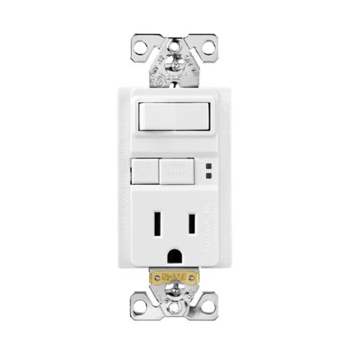 White Eaton tamper-resistant 15A duplex GFCI receptacle with self-test feature for electrical safety, by Cooper Wiring Devices.