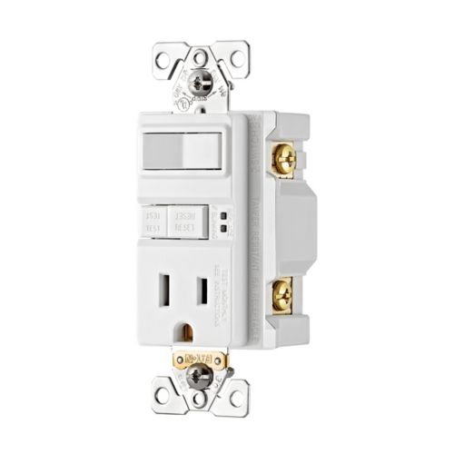 White Eaton GFCI receptacle with tamper-resistant 15A duplex self-test wiring device from Cooper, designed for electrical safety.